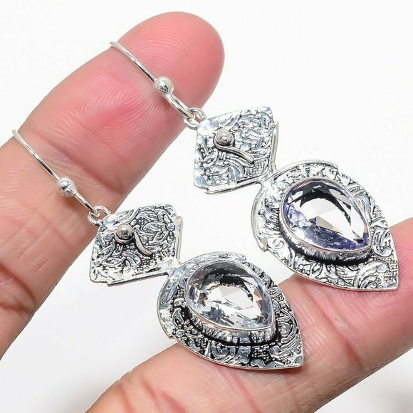 Hand Crafted Jewelry - Handmade White Topaz 925 Drop Earrings
